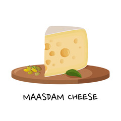 Large piece of Maasdam cheese on a wooden tray. Realictic vector illustration for meal design. Isolated on white background.