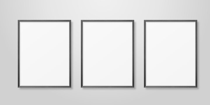 Vector 3d Realistic Three A4 Black Wooden Simple Modern Frame on a White Wall Background. It can be used for presentations. Design Template for Mockup, Front View
