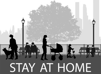 People silhouettes, urban background. Stay at home.
