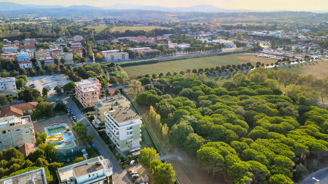 Aerial view of Misano Adriatico Beach from drone in summer season, Italy