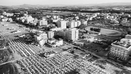 Aerial view of Misano Adriatico Beach from drone in summer season, Italy