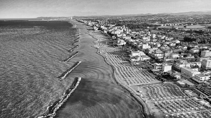 Aerial view of Torre Pedrera Beach from drone in summer season, Rimini, Italy