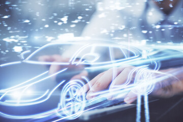 Automobile theme drawing with businessman working on computer on background. Autopilot taxi concept. Double exposure.