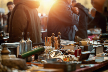 Vintage brass knight trinkets, watches, bottles, pens and other goods on the countertop at the sunday flea market. People shopping at the antique bazaar.
