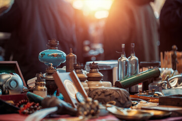 Vintage oil lamps, medals, bottles, trinkets and other goods on the countertop at the sunday flea...