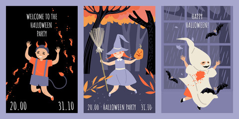 Fototapeta na wymiar Set of vector invitation cards for halloween party with kids in costumes and autumn backgrounds.