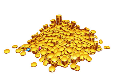 Big golden mountain scattering of coins isolate illustration realism. A handful of ancient gold coins is a big jackpot treasure 3D rendering.