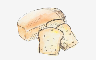 Watercolor illustration of bread with sliced pieces.