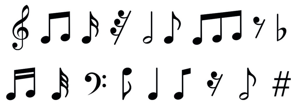Music notes icons set, Set of musical notes. Black musical note icons. Music elements, Clef Symbol, Sound Logo, Tone Sign