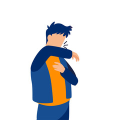 Vector of a sick man sneezing and covering his mouth with elbow.