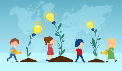 Vector of children planting and watering flowers with light bulb ideas