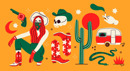 Wild West concept. Various objects. Cowboy theme. Boots, gun, cactus, snake, lady in hat, camper, skull, cigarette. Hand drawn colored Vector set. All elements are isolated