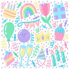 Cute colorful vector doodles for birthday. Balloon, cake, cupcake, candles, gift, flower, champagne, crown. Vector template for card, postcard, banner, poster, sticker and social media
