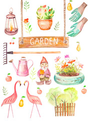 Set of items on the theme of the garden. Watercolor items.