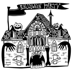 Halloween party. Mystical house. House with the ghostsDark mysterious obscure gloomy terrible witch castle with spooky for Halloween design vector illustration.
