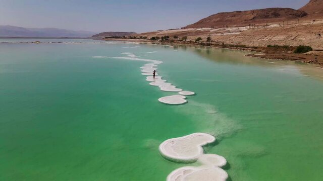 Salt crystals on the surface of Dead sea, Israel, aerial view of Israel's dead sea