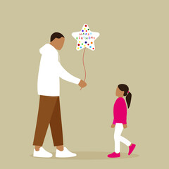 Male character gives girl a balloon with the words 