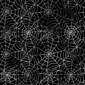 Halloween themed black and silver spider web seamless pattern