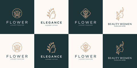 Set collection feminine luxury beauty face women lotus flower and leaf logo design vector