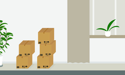 Room with window, plants and closed cardboard boxes