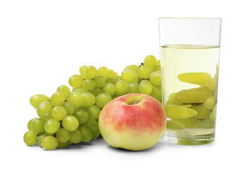 Glass of fresh fruit juice with bunch of sweet green grape and apple isolated on white background.