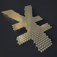 Yen symbol made with batteries, wide shot. Modern technologies conceptual 3d rendering