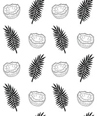 Vector seamless pattern of hand drawn doodle sketch coconut and palm leaves isolated on white background