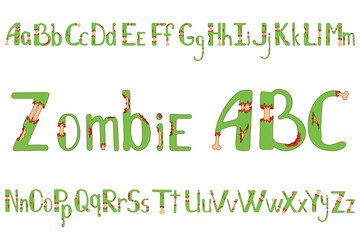 Zombie alphabet for halloween. Torn wound and bones hand-drawn lettering for your design, banner, logo, type, card, poster. Uppercase and lowercase font