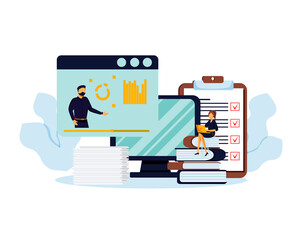 Obraz premium Girl student studying at home with her laptop with piles of books and pc on the background. E-learning, webinar, online video training, distance education concept. Modern vector illustration.