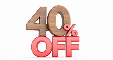 40% off. wooden forty percent. wooden forty percent on white background. 3D render.