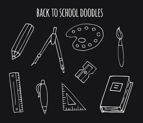 Vector set bundle of chalk hand drawn doodle sketch school office chancellery isolated on black background