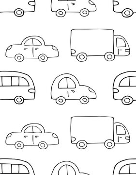Vector seamless pattern of hand drawn doodle sketch car isolated on white background