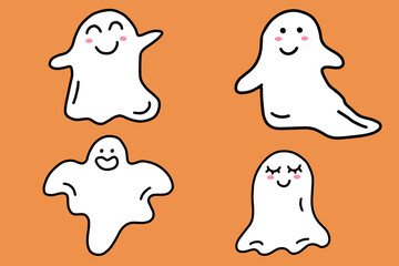 Set of halloween cute ghosts. Cartoon doodle ghost character collection isolated on orange background. Vector illustration.
