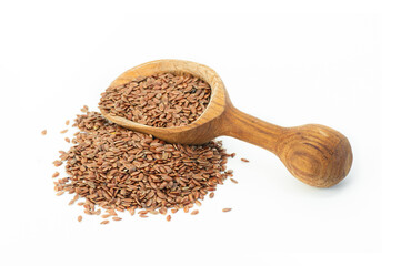 Heap of Flax seeds or linseeds in wooden scoop isolated on white background. Flaxseed concept, dietary fiber 