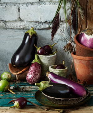 View of eggplants on table