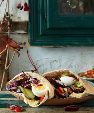 Tel Aviv Style Sabich Sandwiches with egg and eggplant