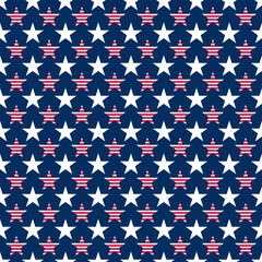 Abstract seamless vector pattern with white five pointed stars and stars with red stripes on blue background. Independence day background. 4th July abstract geometric pattern.