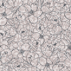 Freesia and apple flower seamless vector pattern. Romantic hand drawn line design on polka dot background. Elegant colour combination. Great for fashion fabrics and interior materials.