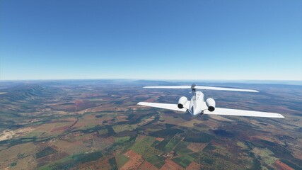 An airplane in the sky over Brazil, a jet over Brazil, an airplane flies over meadows and forests, an airplane over the ground. Photorealistic 3D render.