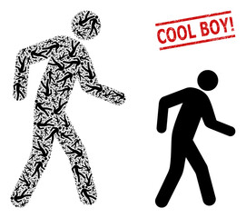 Recursion mosaic pedestrian and Cool Boy! unclean stamp imitation. Vector mosaic is constructed from scattered pedestrian icons. Stamp seal includes Cool Boy! tag between parallel lines.