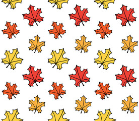 Vector seamless pattern of different color hand drawn doodle sketch maple leaf isolated on white background