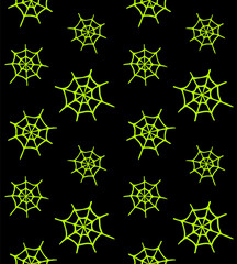 Vector seamless pattern of neon green hand drawn doodle sketch spider web isolated on black background