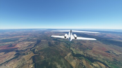 An airplane in the sky over Brazil, a jet over Brazil, an airplane flies over meadows and forests, an airplane over the ground. Photorealistic 3D render.