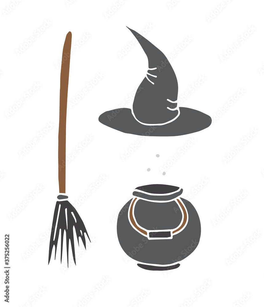 Poster Vector set bundle of hand drawn doodle sketch colored witch hat bowl and broom isolated on white background