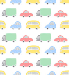 Vector seamless pattern of different color hand drawn doodle sketch car isolated on white background