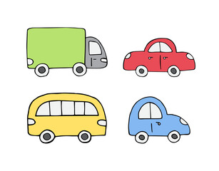 Vector set bundle of colored hand drawn doodle sketch car isolated on white background