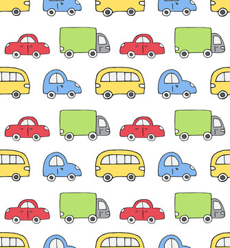 Vector seamless pattern of colored hand drawn doodle sketch car isolated on white background