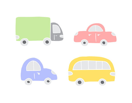 Vector set bundle of different color hand drawn doodle sketch car isolated on white background
