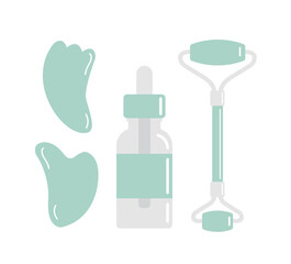 Obraz premium Vector set bundle of flat cartoon mint green massage roller gua sha and oil bottle isolated on white background