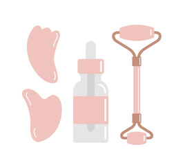 Vector set bundle of flat cartoon rose quartz massage roller gua sha and oil bottle isolated on white background
